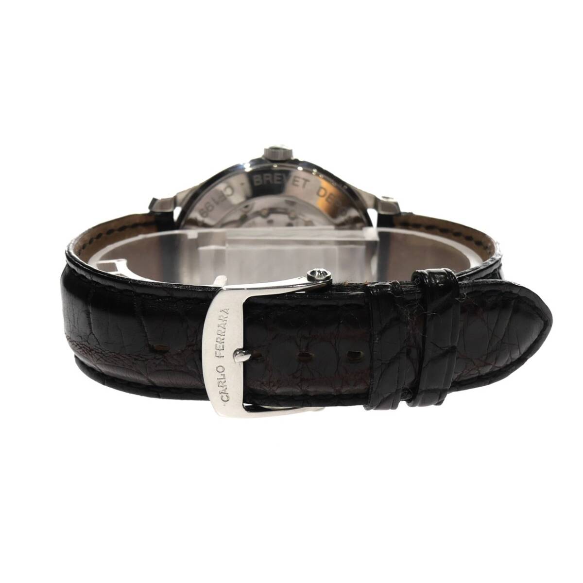 1円スタート 美品 稼動(dòng)品 CARLO FERRARA カルロフェラーラ レギュレーター CF1997 デイト 自動(dòng)巻き 里スケ ラウンド シルバー 白文字盤(pán)