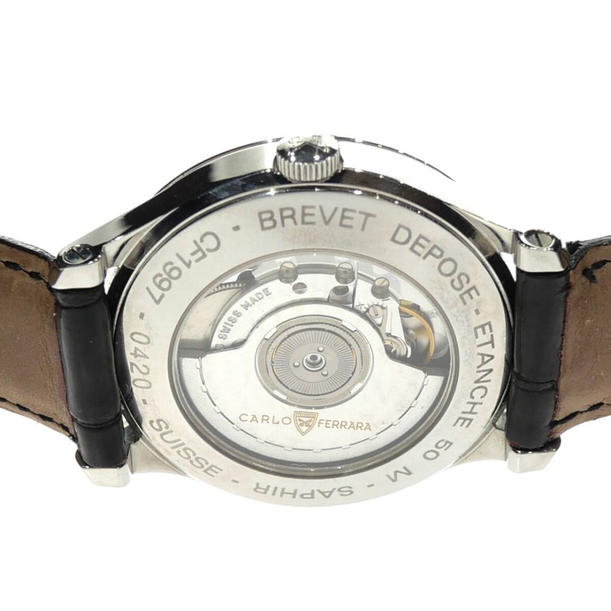 1円スタート 美品 稼動(dòng)品 CARLO FERRARA カルロフェラーラ レギュレーター CF1997 デイト 自動(dòng)巻き 里スケ ラウンド シルバー 白文字盤(pán)