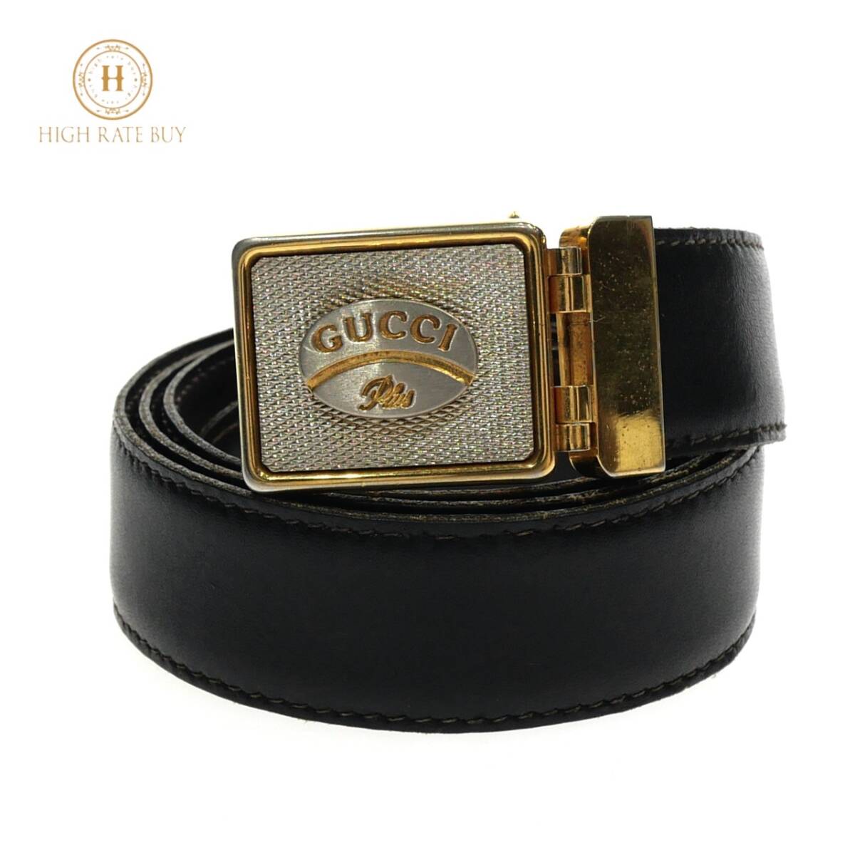 1円スタート GUCCI PLUS グッチプラス レザー ベルト ゴールド金具 ロゴバックル カジュアル フォーマル ブラック 黒 メンズ レディース