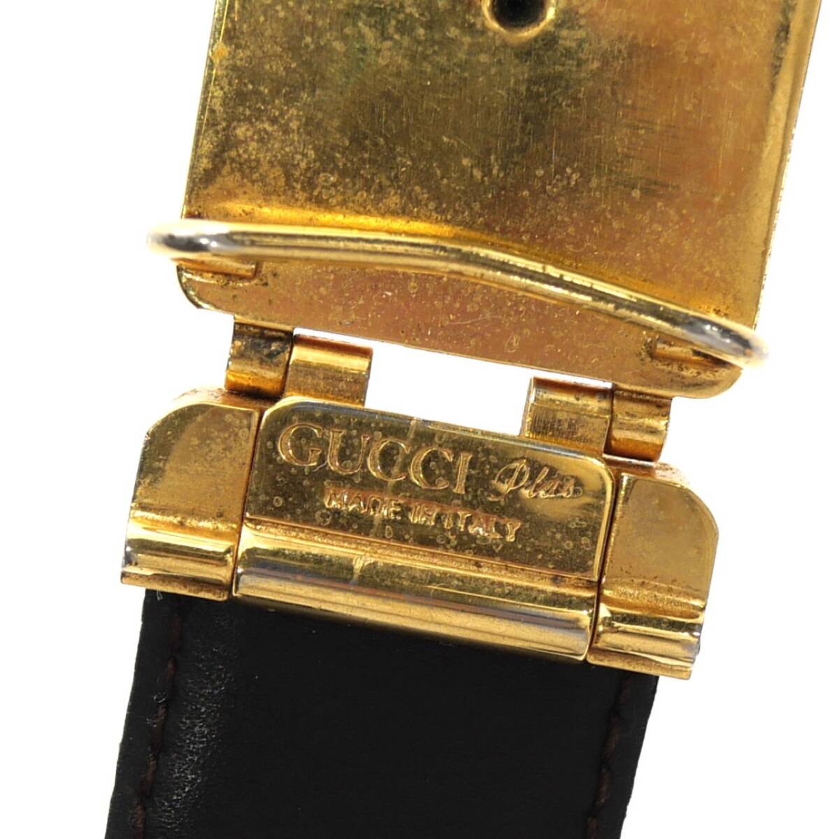 1円スタート GUCCI PLUS グッチプラス レザー ベルト ゴールド金具 ロゴバックル カジュアル フォーマル ブラック 黒 メンズ レディース