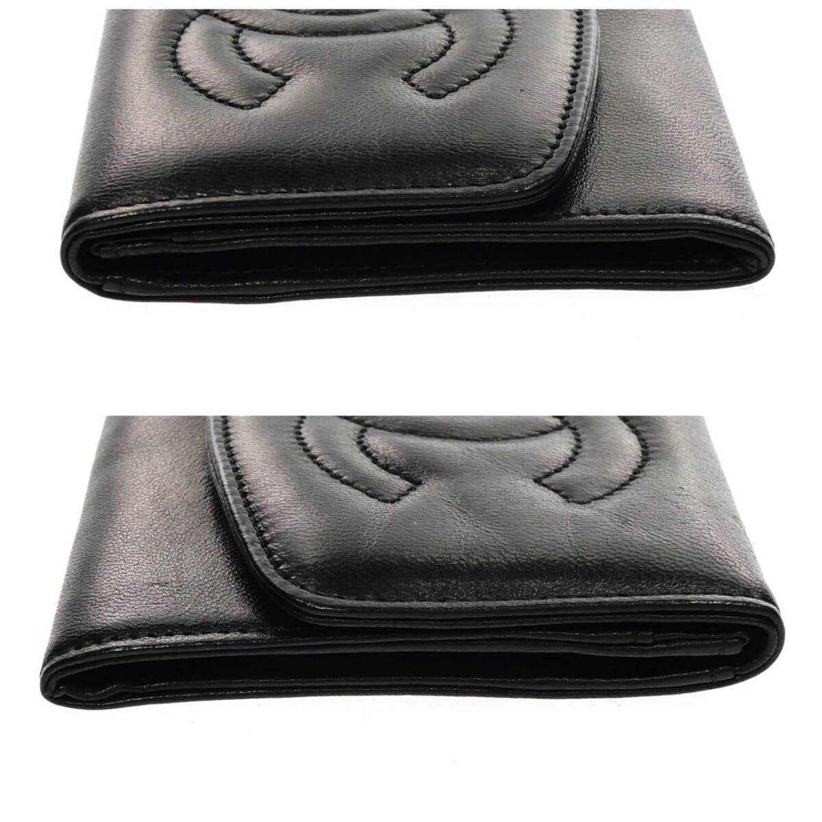 1円スタート 美品 CHANEL シャネル ココマーク 二つ折り財(cái)布 コインケース 小銭入れ コインパース ラムスキン ブラック 黒 レディース