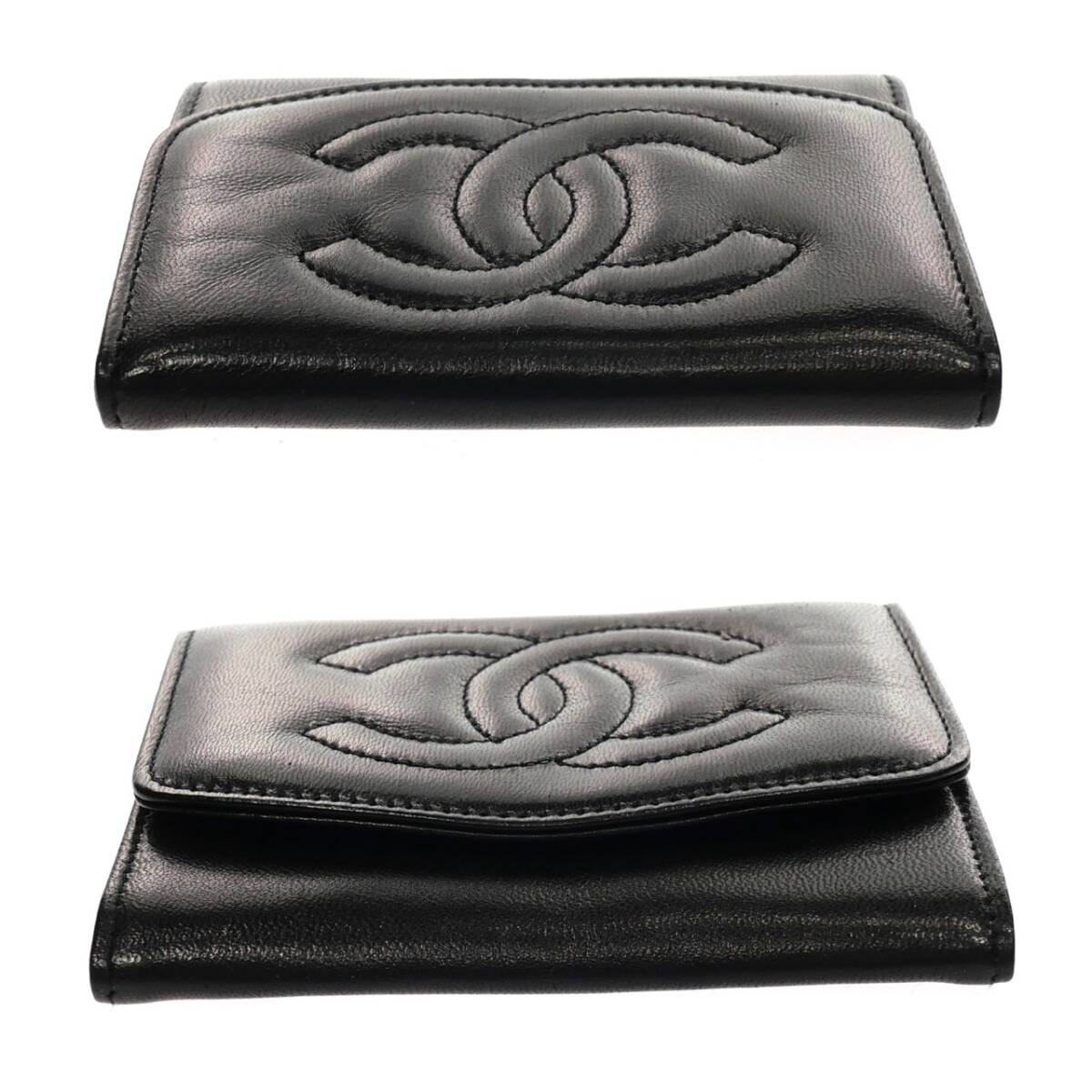 1円スタート 美品 CHANEL シャネル ココマーク 二つ折り財(cái)布 コインケース 小銭入れ コインパース ラムスキン ブラック 黒 レディース