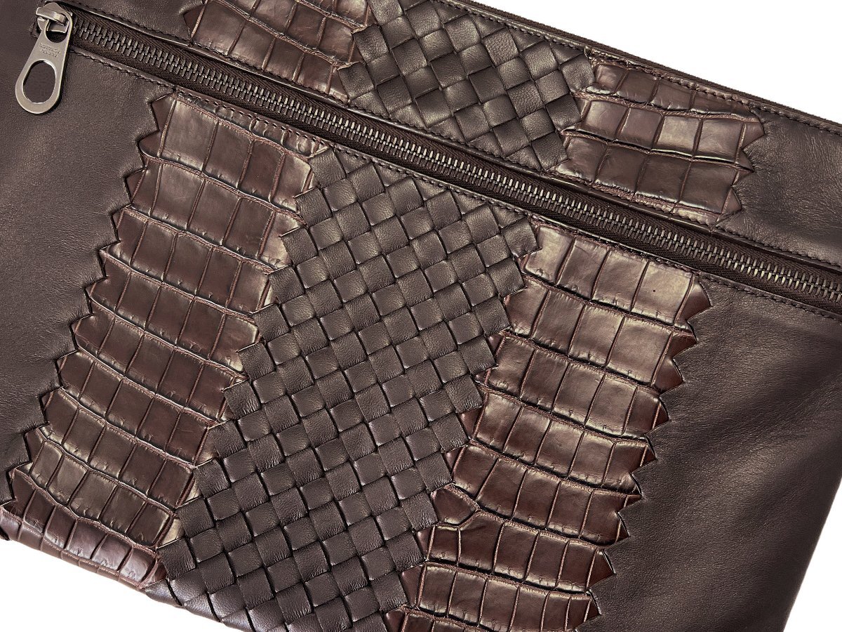 J125 BOTTEGA VENETA ボッテガヴェネタ イタリア制 ドキュメントケース イントレ ナッパ x リアルクロコ ★ 2129 ESPRESSO