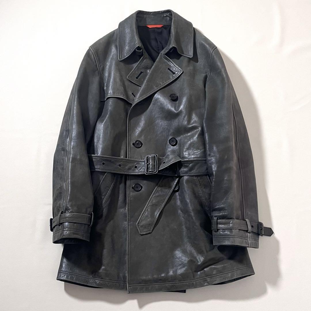 【良品】Paul Smith/ポールスミス　ラムレザー トレンチ コート　羊革　ヴィンテージ加工　Lサイズ　グリーン　緑　ジャケット　ダブル