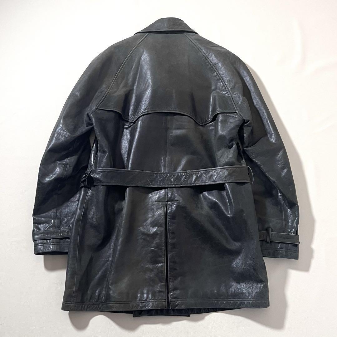 【良品】Paul Smith/ポールスミス　ラムレザー トレンチ コート　羊革　ヴィンテージ加工　Lサイズ　グリーン　緑　ジャケット　ダブル