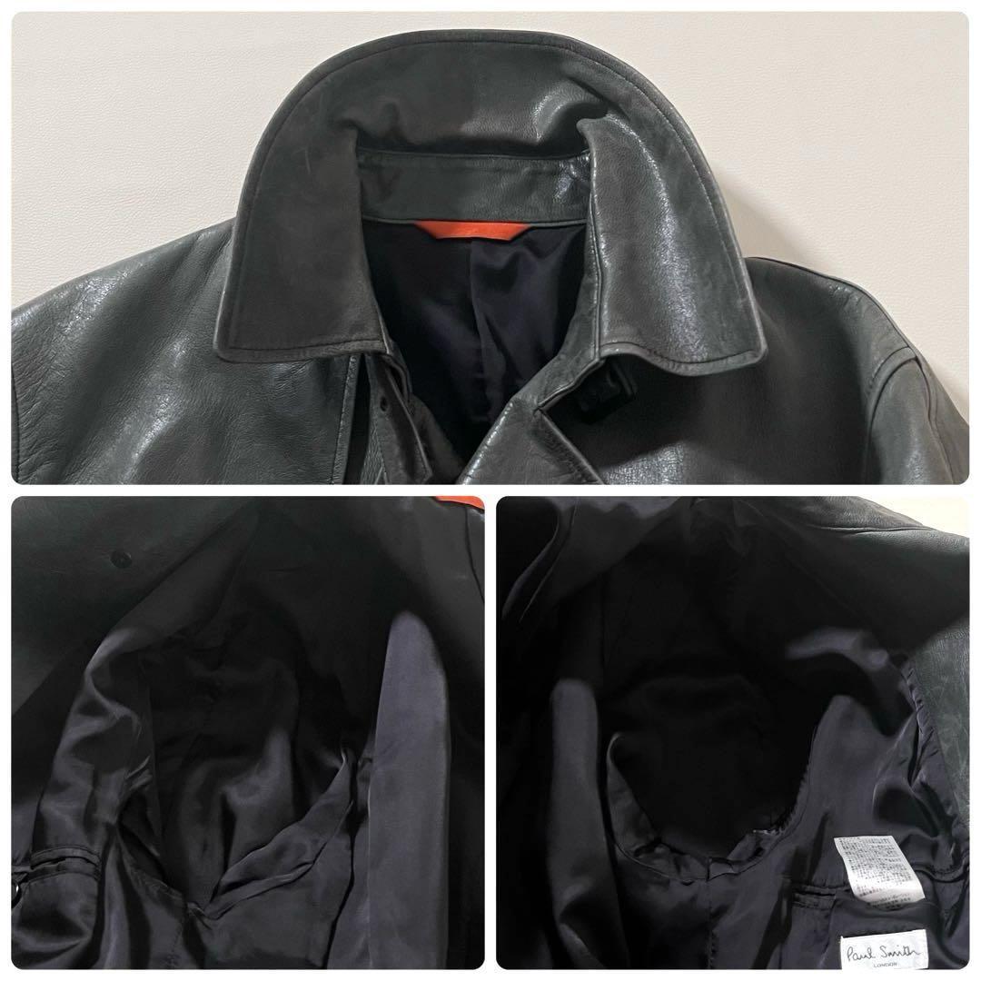 【良品】Paul Smith/ポールスミス　ラムレザー トレンチ コート　羊革　ヴィンテージ加工　Lサイズ　グリーン　緑　ジャケット　ダブル