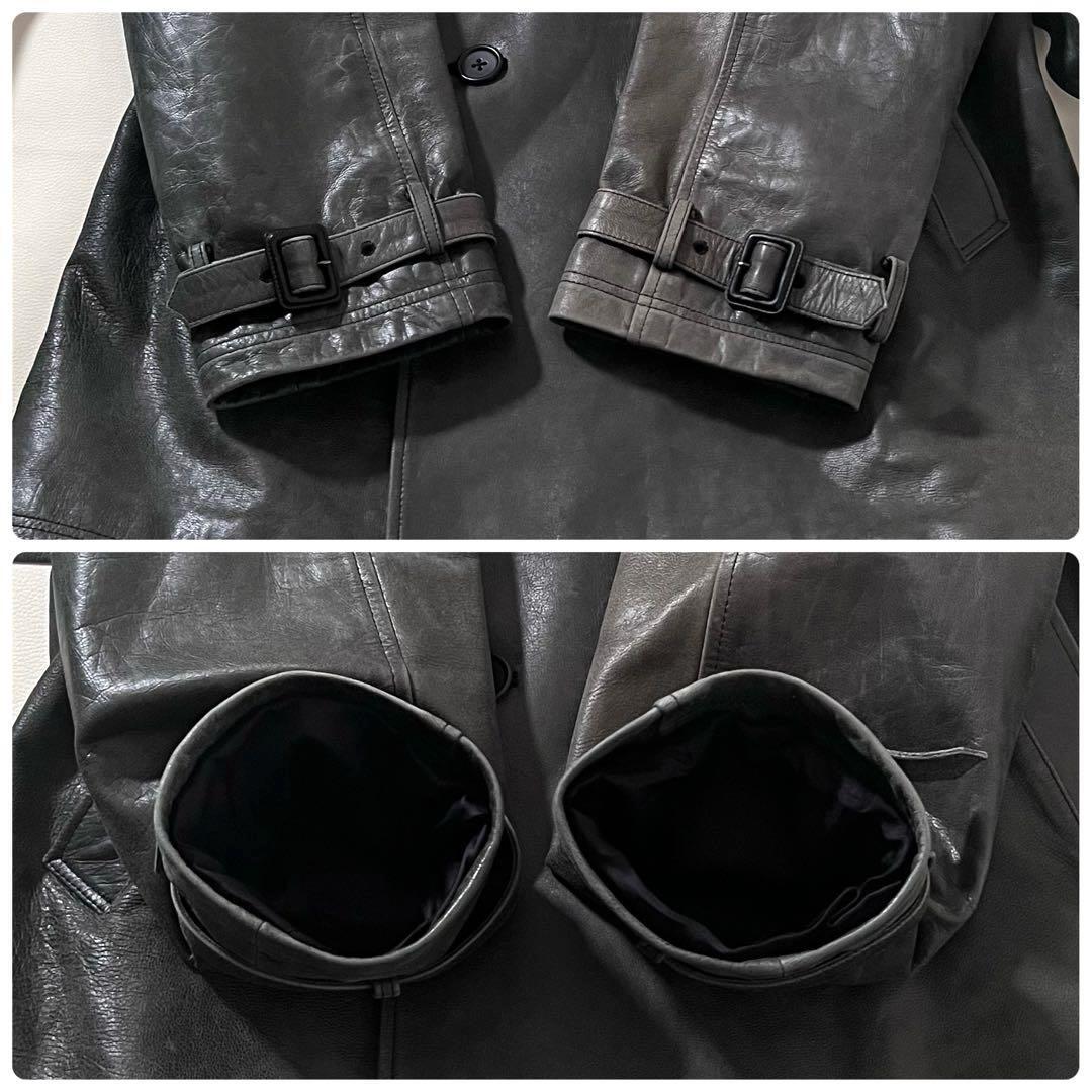 【良品】Paul Smith/ポールスミス　ラムレザー トレンチ コート　羊革　ヴィンテージ加工　Lサイズ　グリーン　緑　ジャケット　ダブル