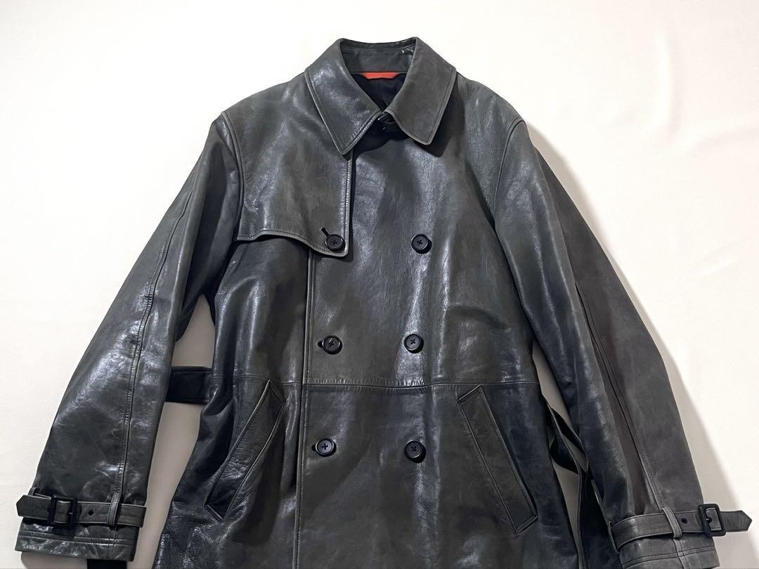 【良品】Paul Smith/ポールスミス　ラムレザー トレンチ コート　羊革　ヴィンテージ加工　Lサイズ　グリーン　緑　ジャケット　ダブル