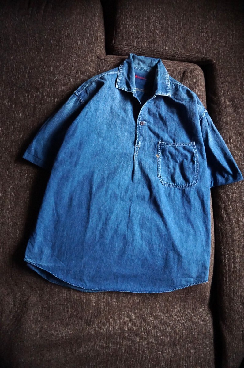 ALOHA.C.No.107★ワンポイントの「R」刺繍スティッチ◎柔らかデニムのアロハ シャツ★45rpm 45R メンズ 藍染め インディゴ染め 即決_画像1