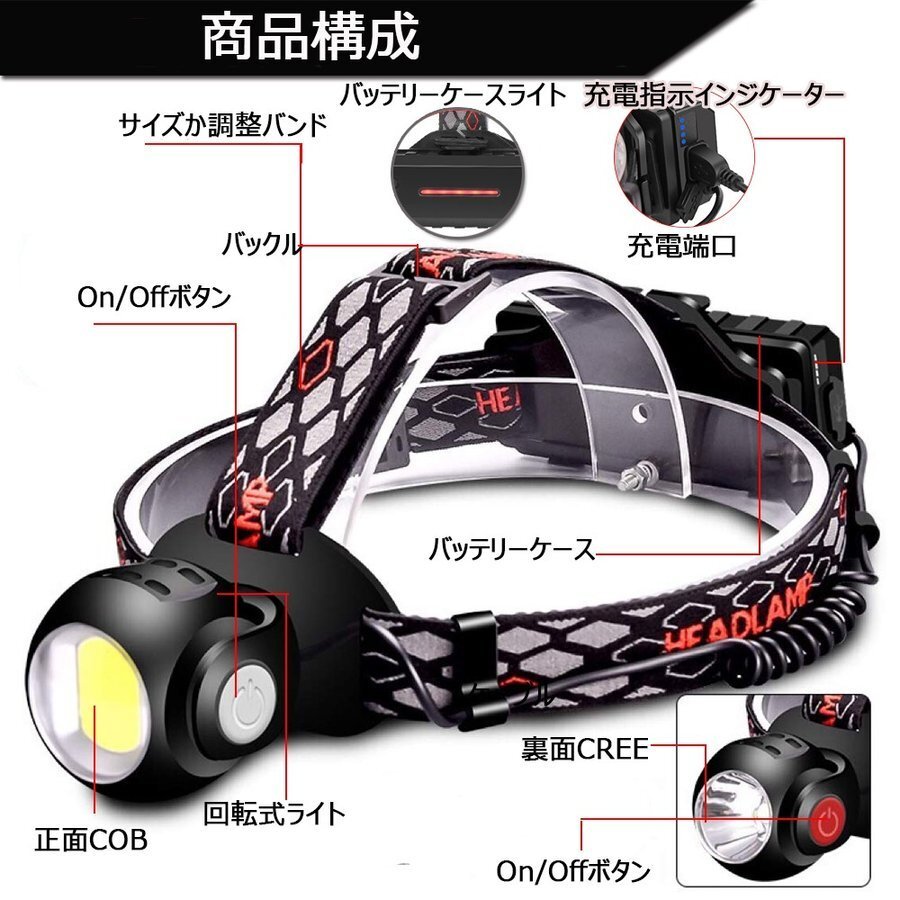LEDヘッドランプ ヘッドライト 充電式 18650リチウム充電池付屬 8000ルーメン 7モード點(diǎn)燈 角度調(diào)節(jié)可 防水 アウトドア 7日保証