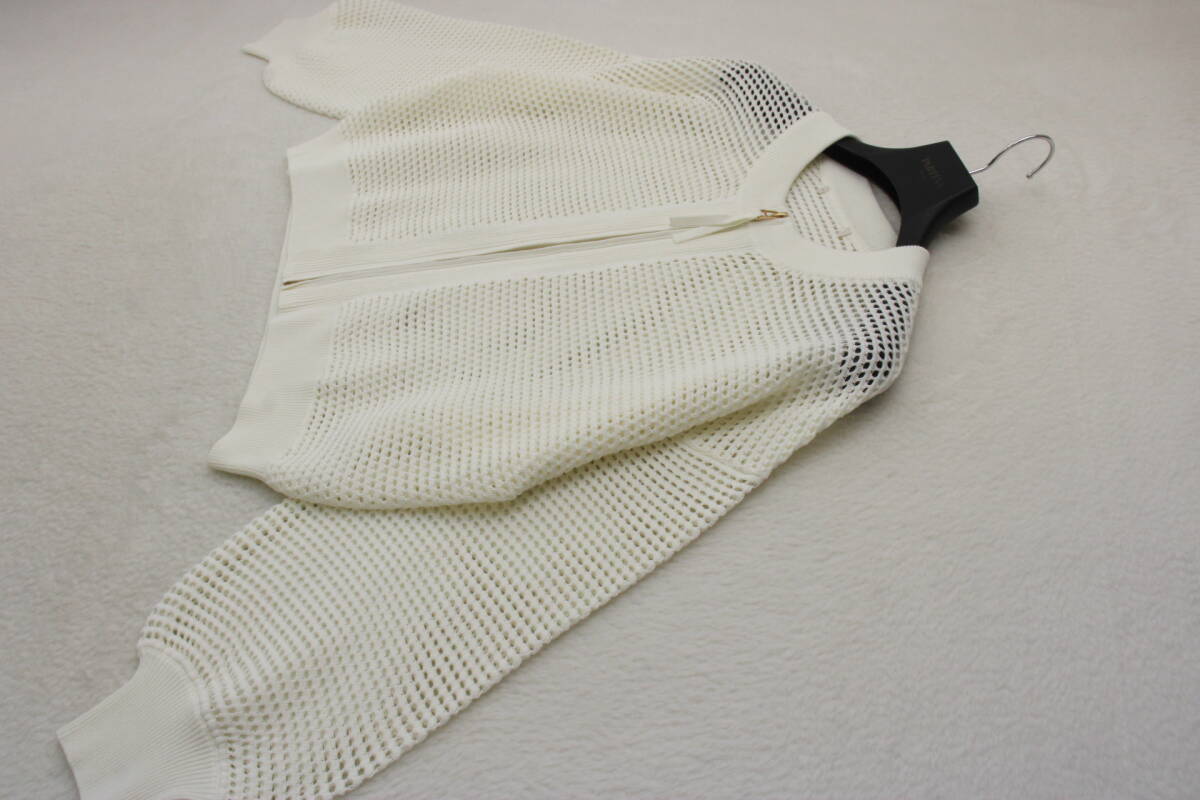 4927 新品 メッシュ編みニットブルゾン オフホワイトＦサイズ_画像1