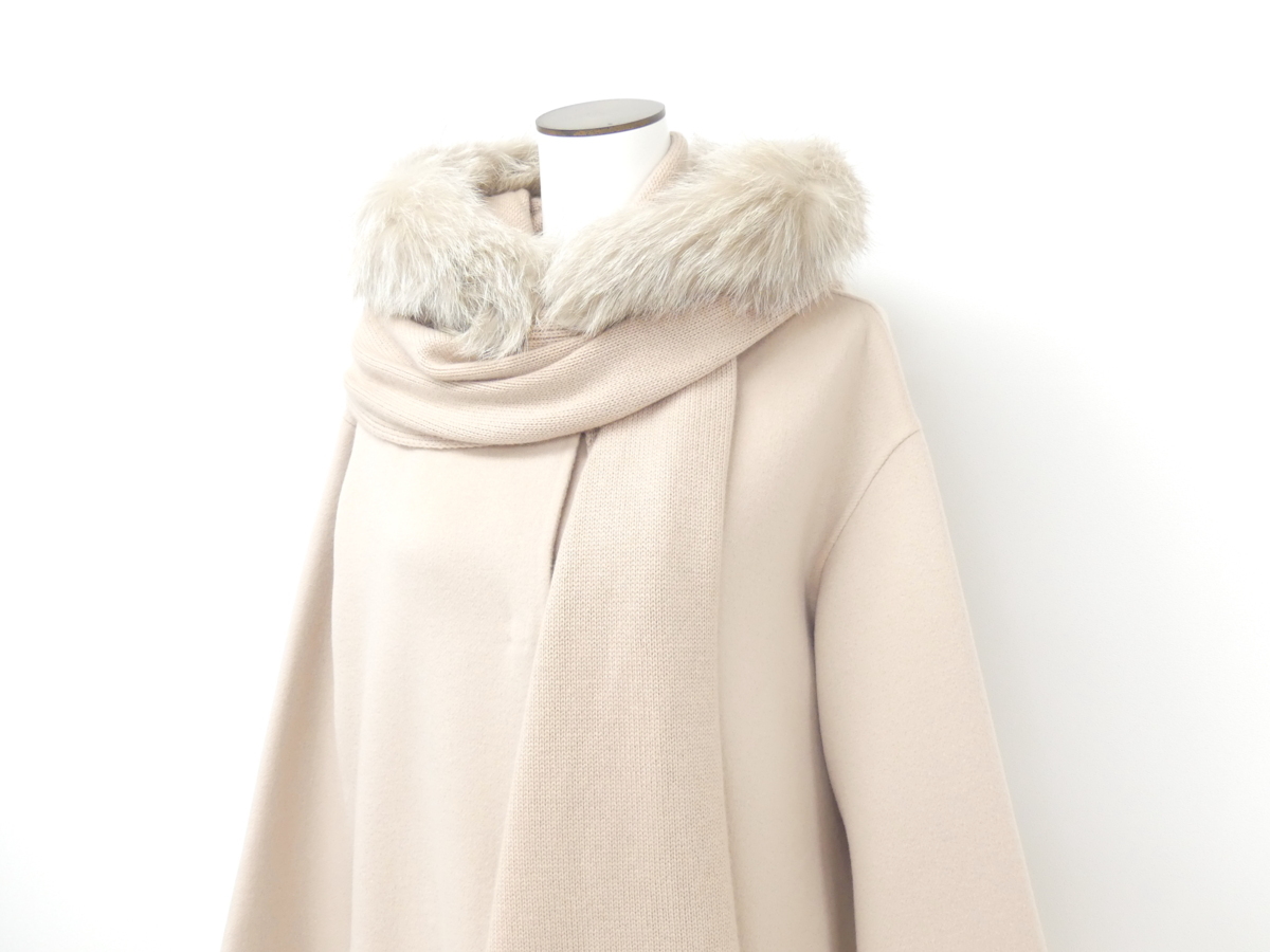 FOXEY コート リリック 40 アンティークベージュ カシミヤWフェイス#フォックスファーフードカシミヤニットストール付 '18年DM掲載 38808
