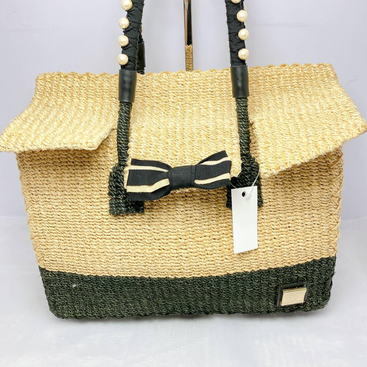 1543◯ LANVIN ランバン ハンドバッグ トートバッグ かごバッグ 麦わら かご編み リボン レディース ナチュラル ブラック 黒 パール_画像1