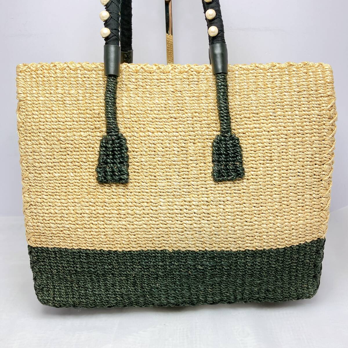 1543◯ LANVIN ランバン ハンドバッグ トートバッグ かごバッグ 麦わら かご編み リボン レディース ナチュラル ブラック 黒 パール_画像2