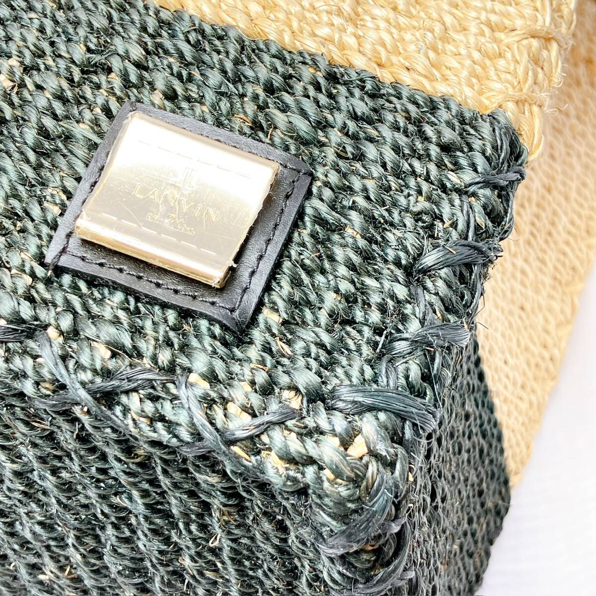 1543◯ LANVIN ランバン ハンドバッグ トートバッグ かごバッグ 麦わら かご編み リボン レディース ナチュラル ブラック 黒 パール_画像3