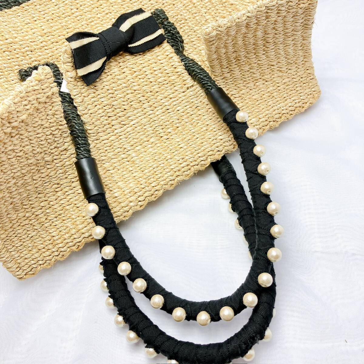 1543◯ LANVIN ランバン ハンドバッグ トートバッグ かごバッグ 麦わら かご編み リボン レディース ナチュラル ブラック 黒 パール_画像10