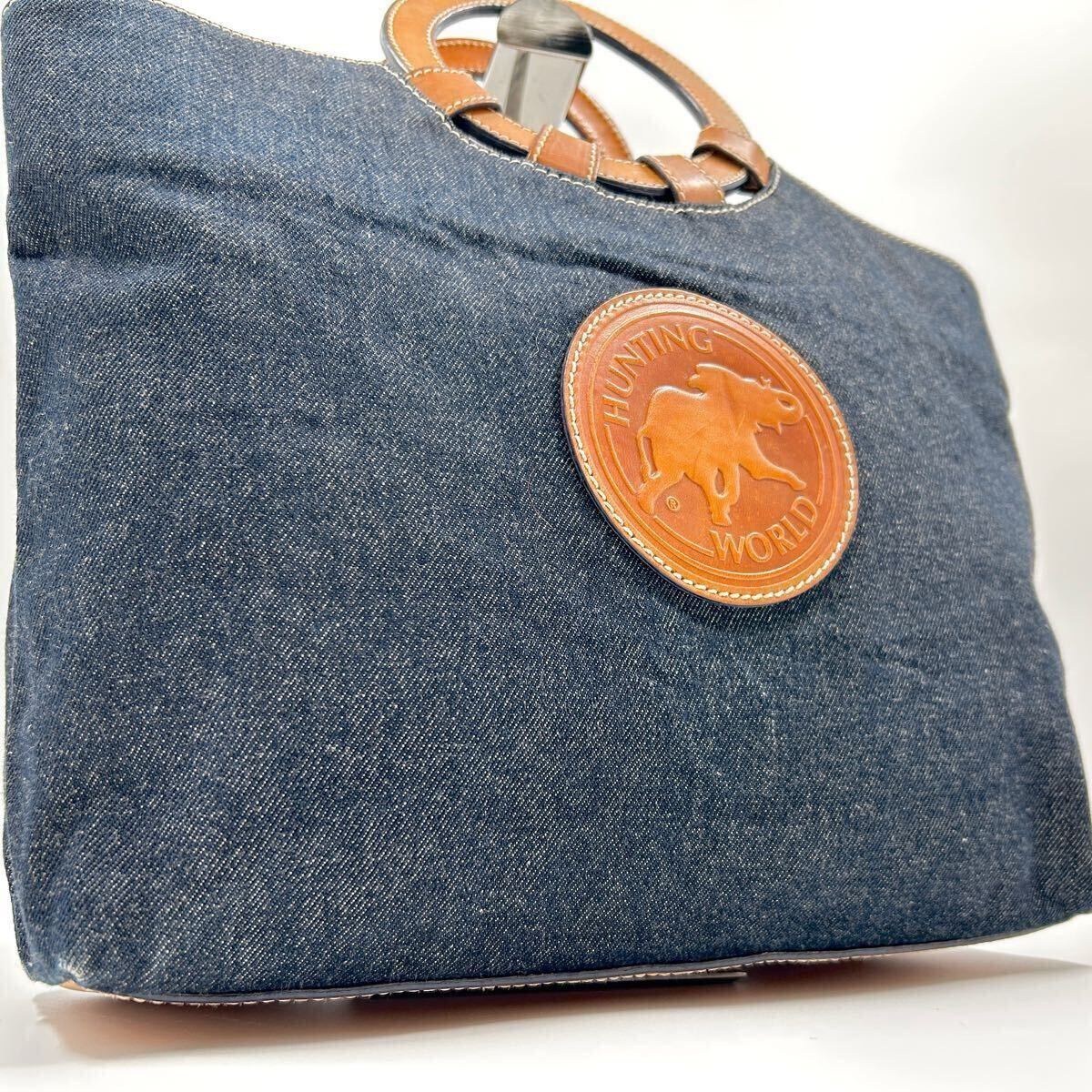 【美品】ハンティングワールド HUNTING WORLD トートバッグ 手提げ A4◎ メンズ デニム ロゴ レザー 大容量 3室 ビジネス 通勤 カバン 鞄