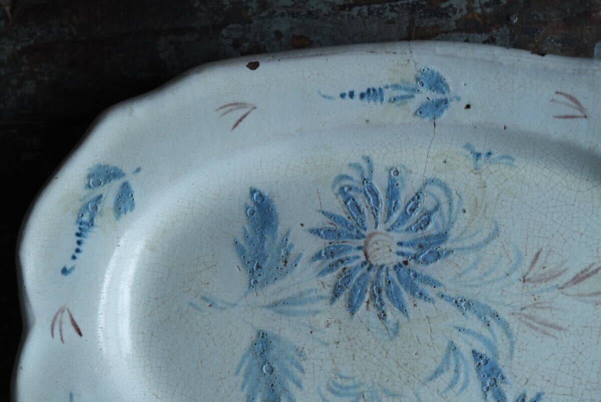 19世紀(jì) 古いCul Noir キュノワール枯れた表情の絵付け花リムオーバル皿 / 1800年代?フランス / アンティーク 古道具 民藝 民陶 