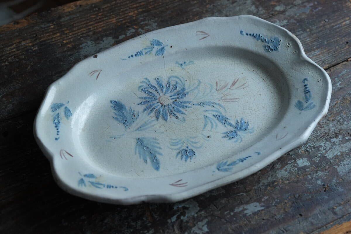 19世紀(jì) 古いCul Noir キュノワール枯れた表情の絵付け花リムオーバル皿 / 1800年代?フランス / アンティーク 古道具 民藝 民陶 