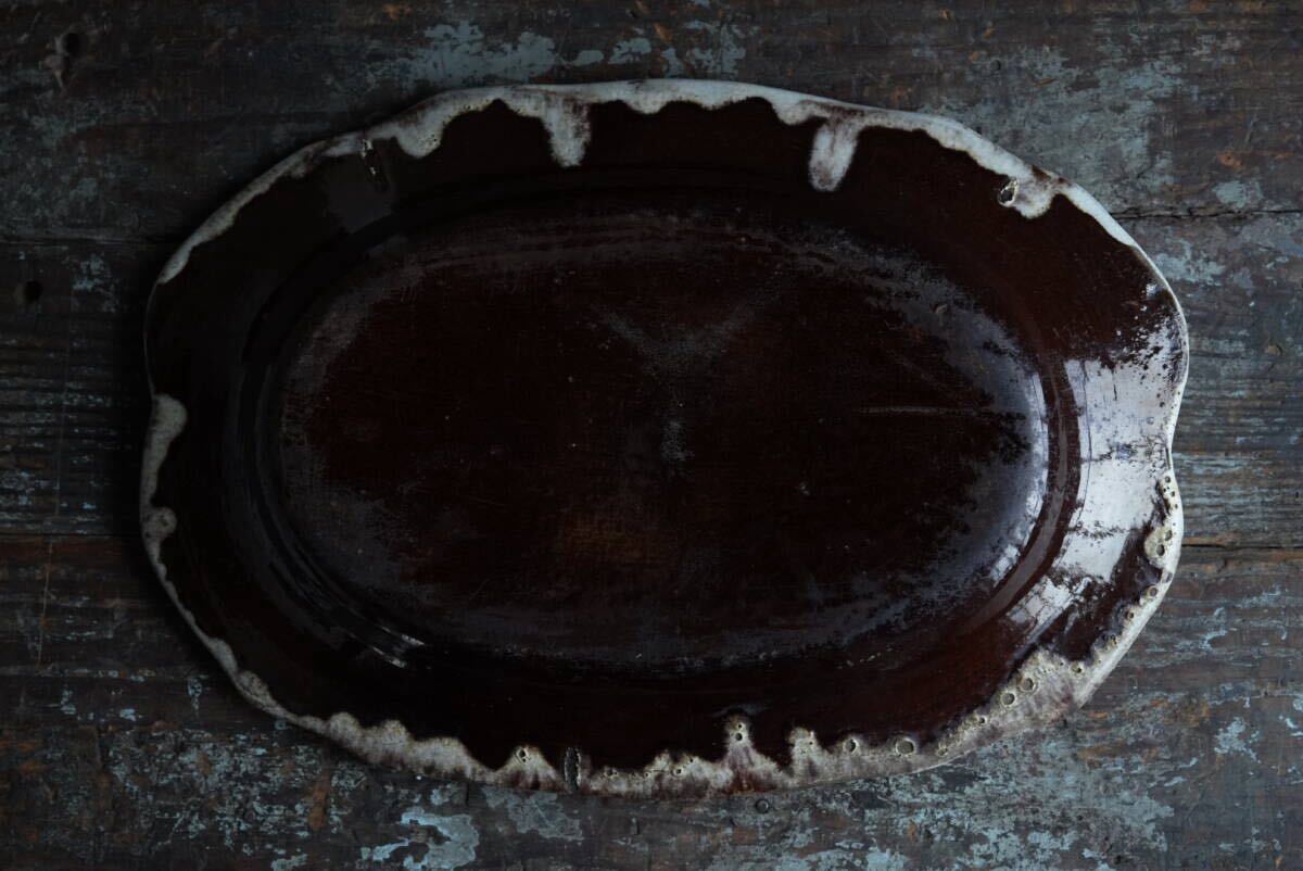 19世紀(jì) 古いCul Noir キュノワール枯れた表情の絵付け花リムオーバル皿 / 1800年代?フランス / アンティーク 古道具 民藝 民陶 