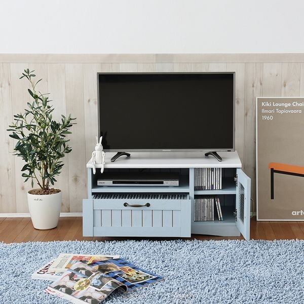 テレビ臺(tái)★フレンチカントリー/テレビ臺(tái) テレビボード テレビラック/コンパクト 幅80cm 32型/引出し 扉付き 収納/青 白/ffca-0001/特価zz