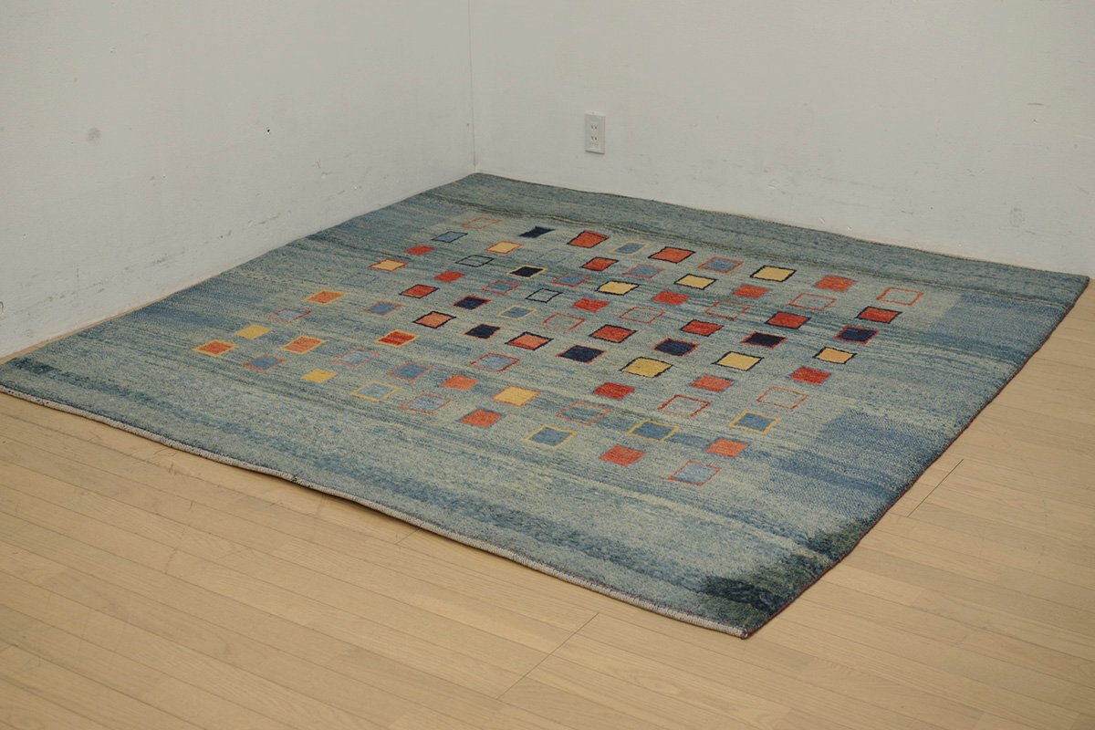 手織り ギャッベ ラグ カーペット 絨毯 マット 段通 ウール 約205cm×207cm シンプル_画像1