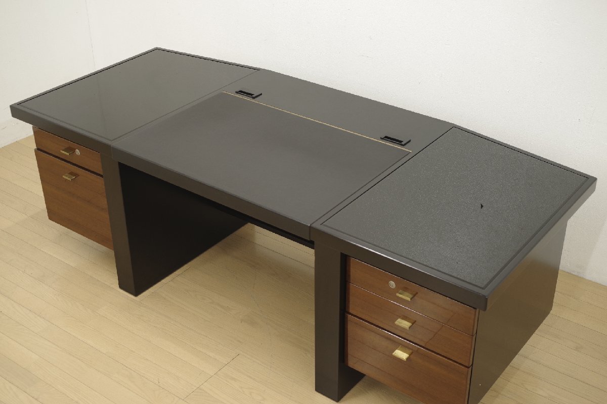 MORISHIGE モリシゲ デスクテーブル 約210cm×D90cm ワークデスク 本革天板 ガラス 両袖 エグゼクティブ オフィス家具 応接 モダン