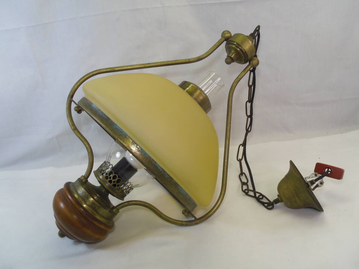 E66◇オイルランプ型◇イタリア制の古い吊照明 電気◇チェーンペンダント◇ガラスシェード◇西洋/アンティーク風◇レトロ◇送料1600円◇