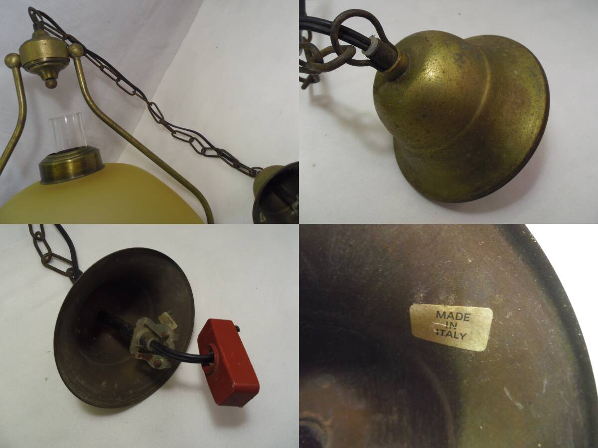 E66◇オイルランプ型◇イタリア制の古い吊照明 電気◇チェーンペンダント◇ガラスシェード◇西洋/アンティーク風◇レトロ◇送料1600円◇