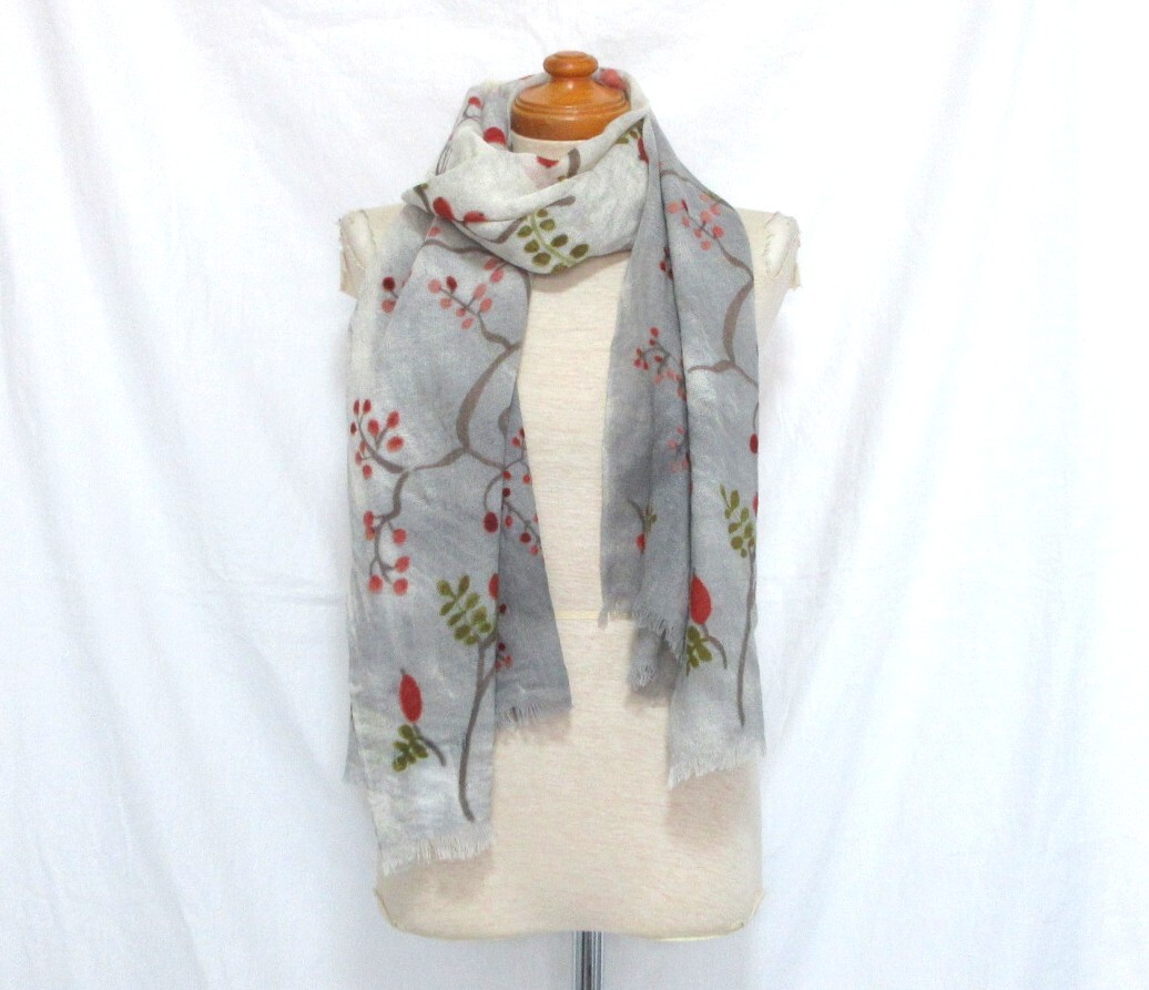 美品 送料込み el:ment エルメント フェリシモ ベージュ グレー グラデーション プリント 柄 ウール ガーゼ 大判 ストール 毛100％ 巻き物 _画像2