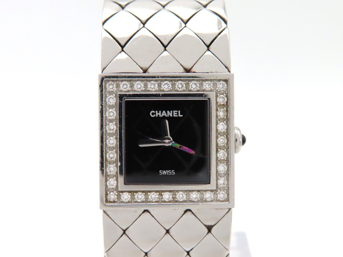 1円 シャネル マトラッセ　ダイヤベゼル SS ブラック文字盤 レディース 稼働 QZ 25892 KKRE