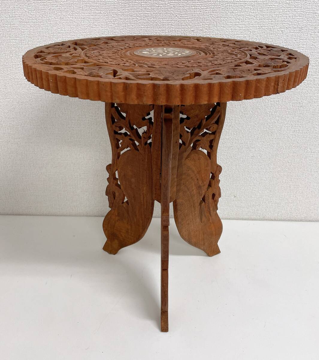 【インド製 サイドテーブル アンティーク】木彫り/木製/花台/飾り台/折りたたみ/インテリア/A79-049_画像4