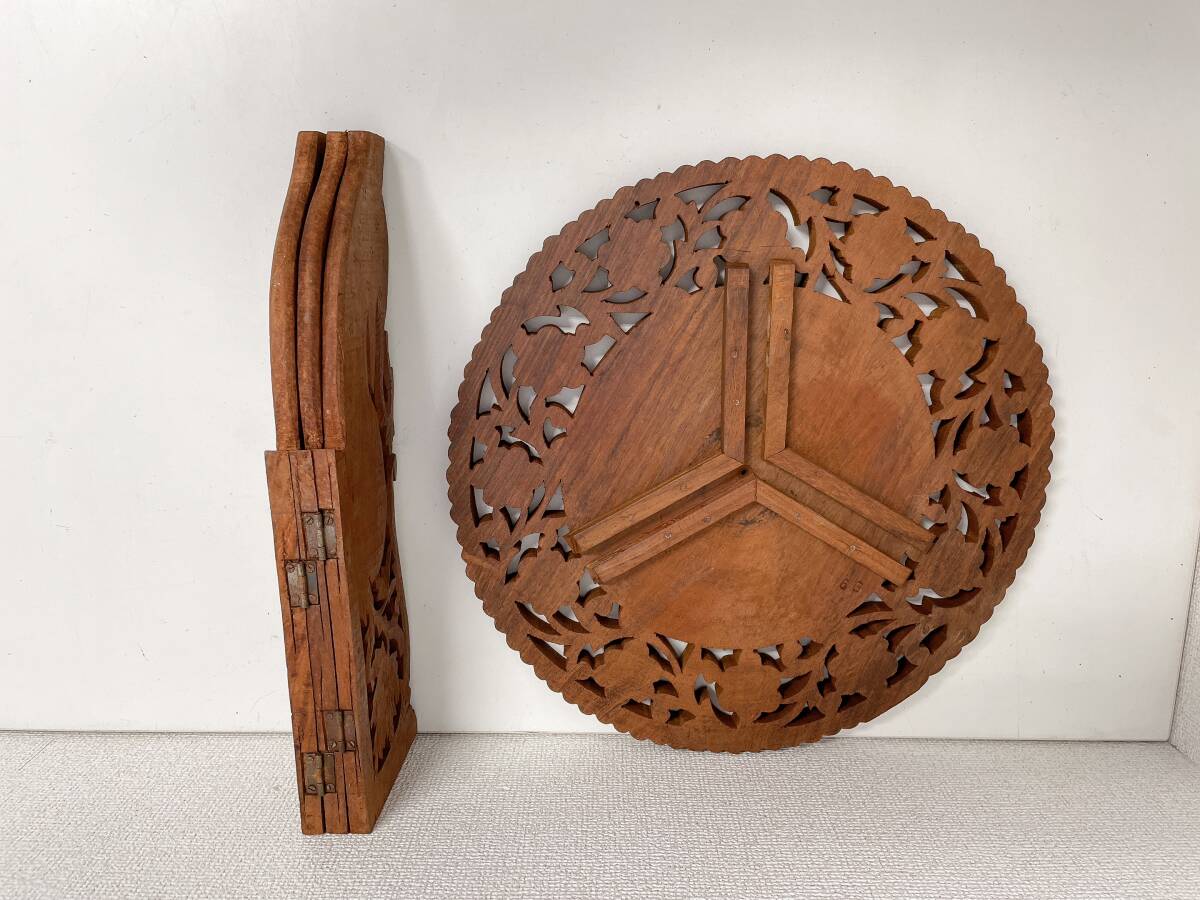 【インド製 サイドテーブル アンティーク】木彫り/木製/花台/飾り台/折りたたみ/インテリア/A79-049_画像7