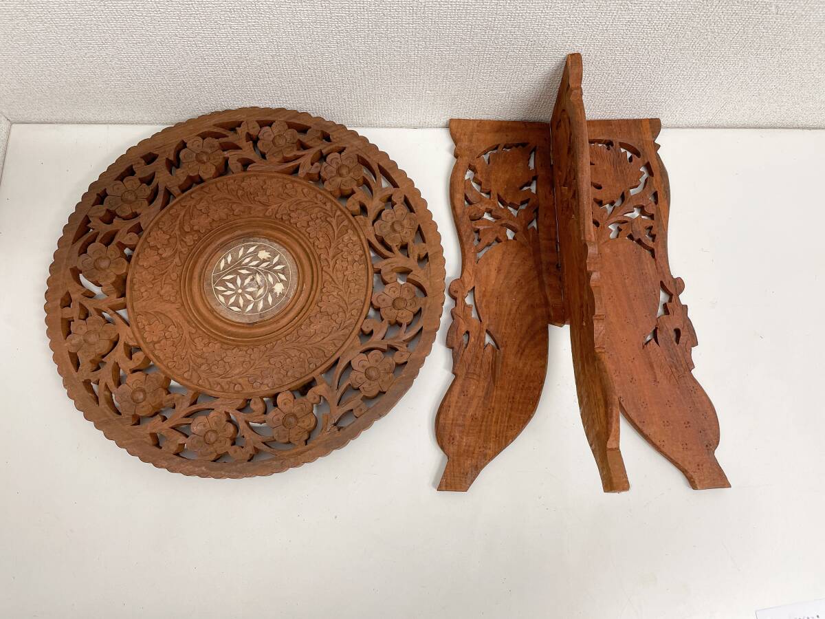 【インド製 サイドテーブル アンティーク】木彫り/木製/花台/飾り台/折りたたみ/インテリア/A79-049_画像6