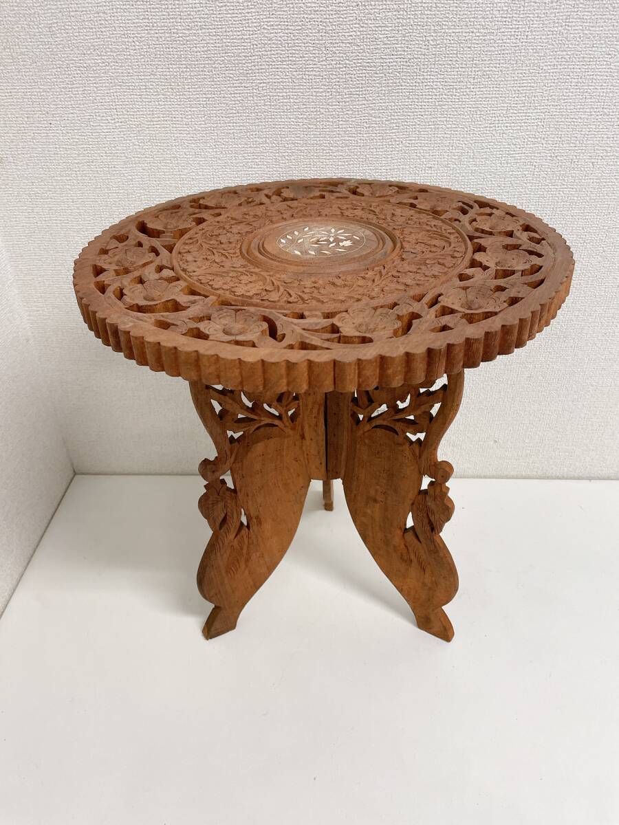 【インド製 サイドテーブル アンティーク】木彫り/木製/花台/飾り台/折りたたみ/インテリア/A79-050_画像1