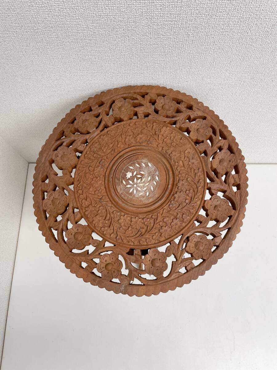 【インド製 サイドテーブル アンティーク】木彫り/木製/花台/飾り台/折りたたみ/インテリア/A79-050_画像3