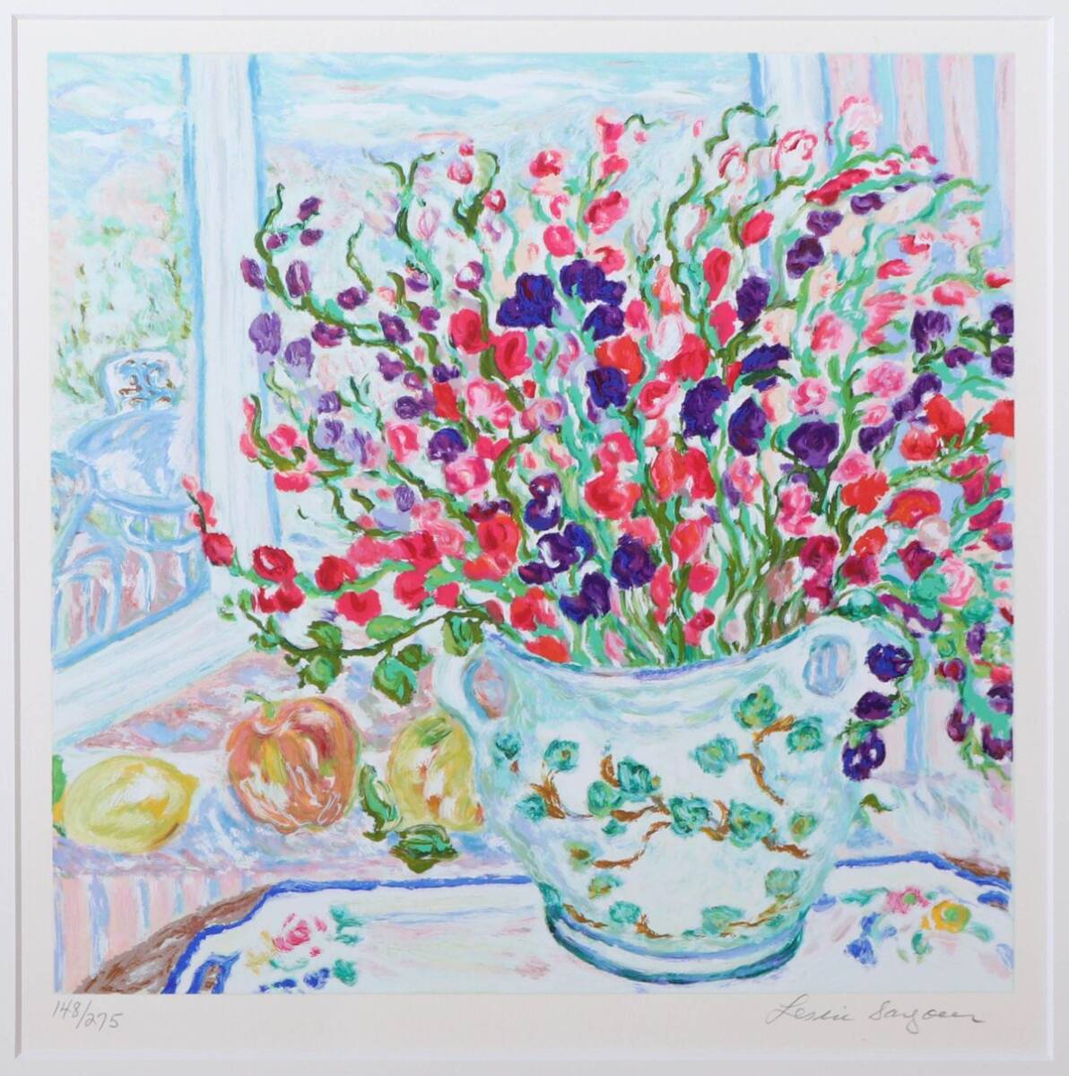 9564 レスリー・セイヤー Leslie Sayour 「スイートピー」 シルクスクリーン 真作 額装 直筆サイン カリフォルニア 女流画家_画像2