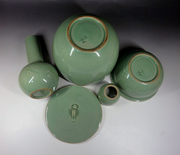 【陶酔】　★韓國陶蕓★　申 相浩　高麗青磁陽刻鶴文皆具