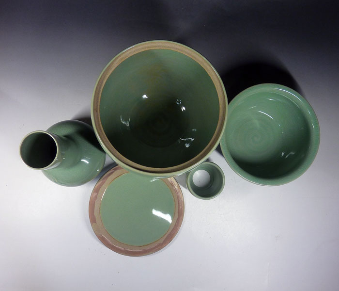 【陶酔】　★韓國陶蕓★　申 相浩　高麗青磁陽刻鶴文皆具