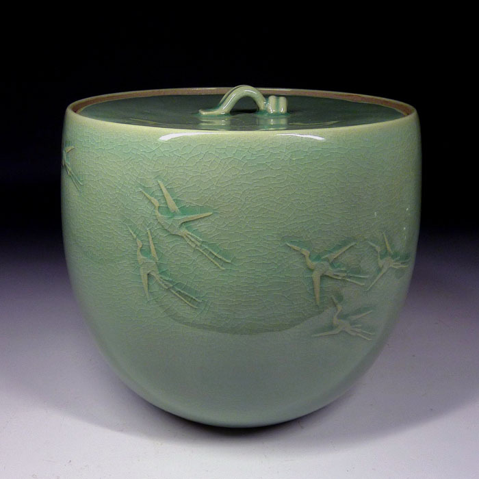 【陶酔】　★韓國陶蕓★　申 相浩　高麗青磁陽刻鶴文皆具