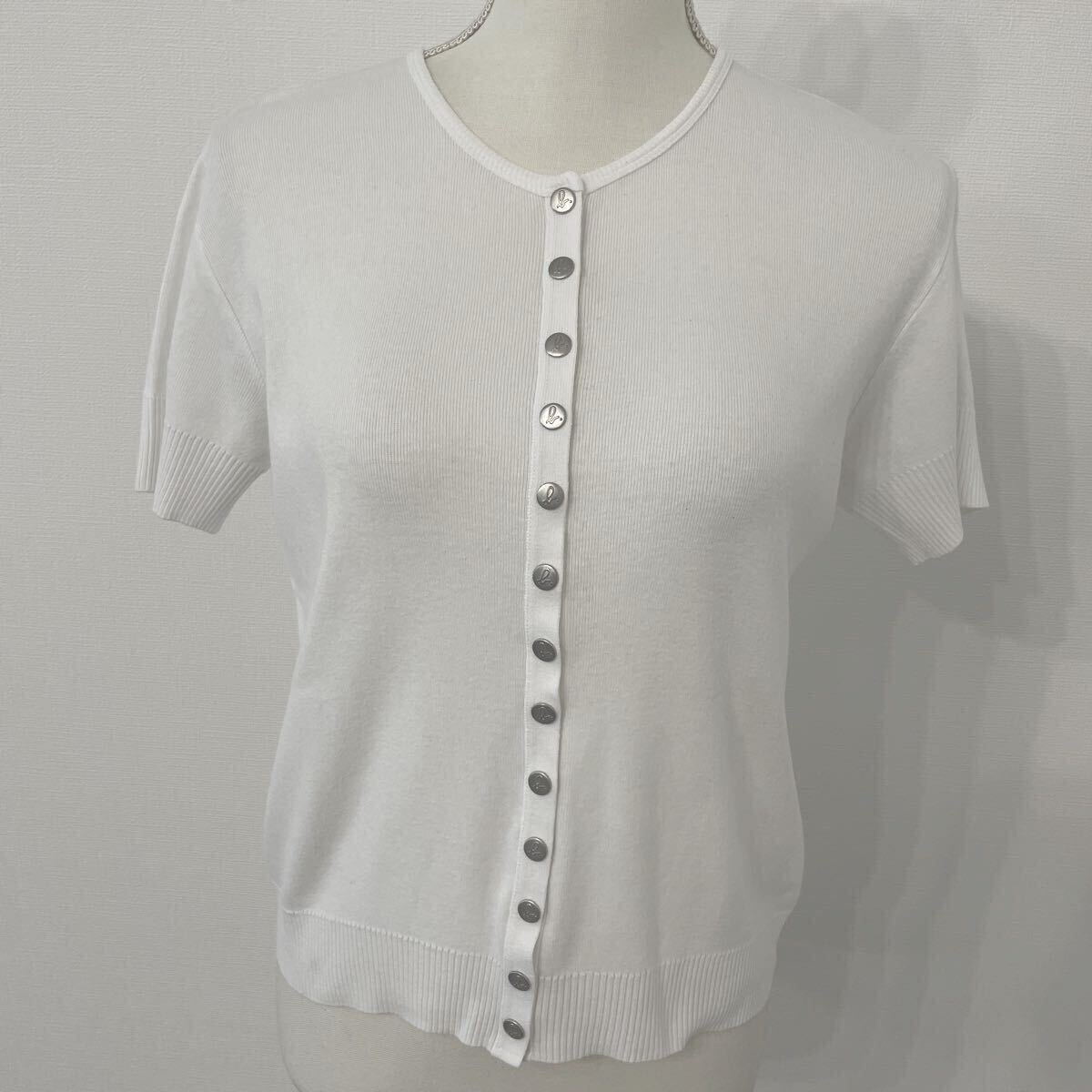 【702】agnes b アニエスベー カーディガン 半袖　コットンニット　ロゴボタン ホワイト　フランス制　表記サイズ2 レディースS相當(dāng)