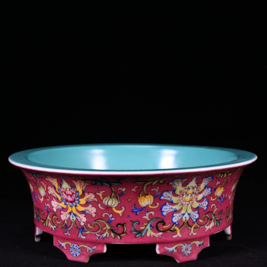 9+GV8487「東洋美術」 中国骨董 人間国宝 磁器製品【エナメル模様の4本脚ブラシウォッシャー】 旧物 孤品 珍品 陶磁器 収蔵価値が高い