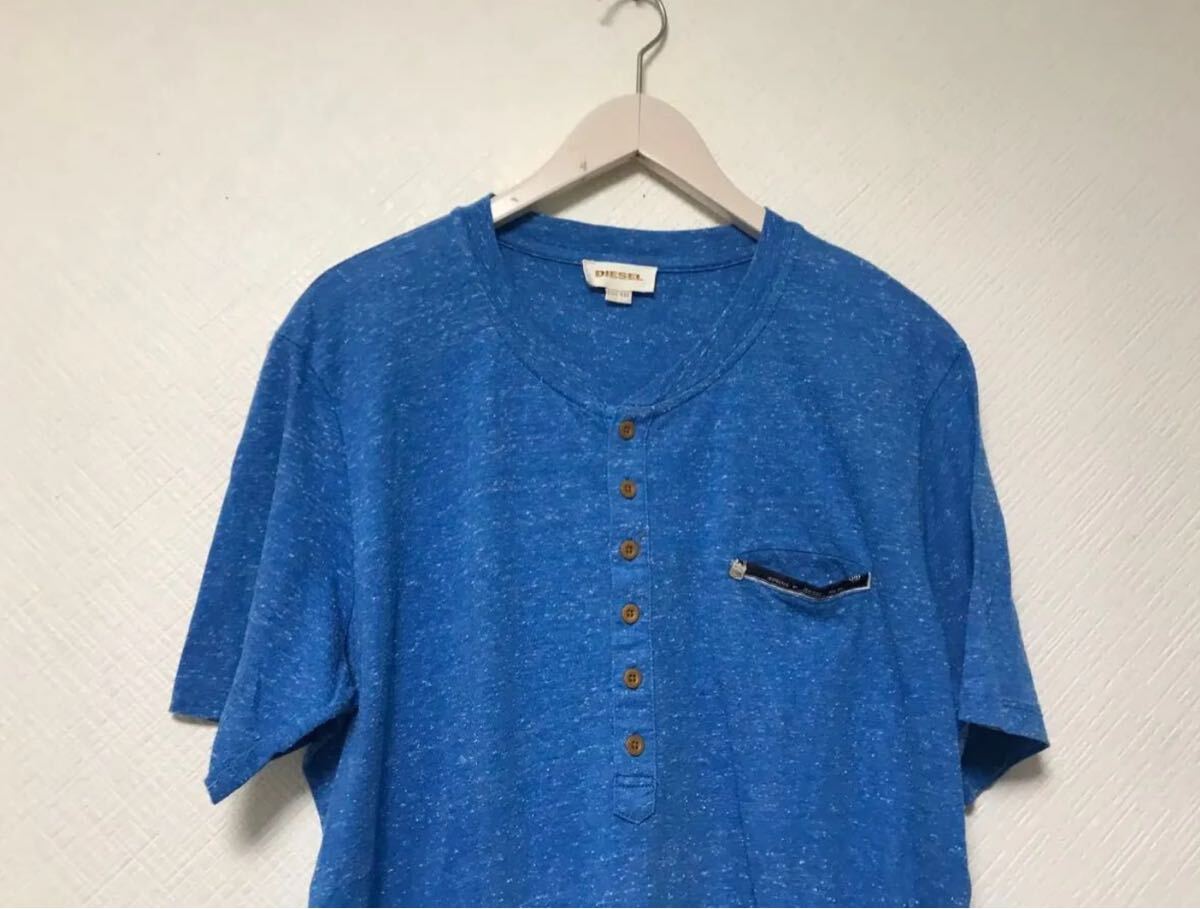 本物ディーゼルDIESELヘンリーネック半袖Tシャツメンズサーフアメカジミリタリーストリートスケーターワークゴルフ2XL青ブルー柄XXL_画像2