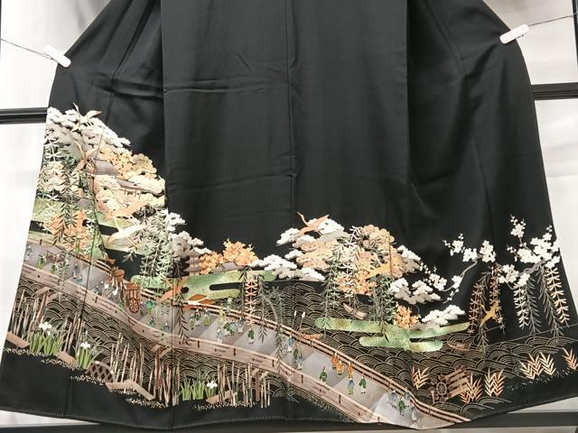 平和屋着物■豪華黒留袖　駒刺繍　飛鶴人物風景文　金彩　正絹　逸品　CAAX1705xe_画像3