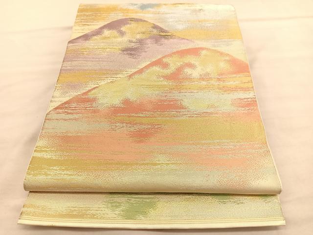 西陣織 袋帯 金糸 銀糸 正絹 六通 Q811 平和屋着物○西陣 川島織物謹製 六通柄 本袋帯 遠山文 金