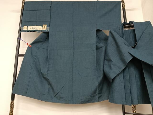 平和屋着物●男性　紬　アンサンブル　結城紬織　色無地　濃藍色　反端付き　正絹　逸品　AABA0349zg