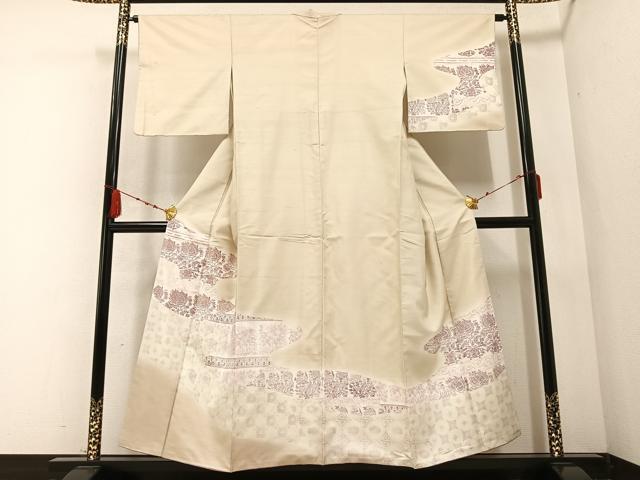 平和屋着物●訪問着　紬地　型染め　草花文　金彩　正絹　逸品　AABB2967ph