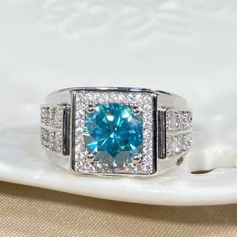 Fサイズ　メンズ指輪　リング　ブルージルコン　発光するように輝く澄み切った青　CZダイヤ　重厚感_画像2