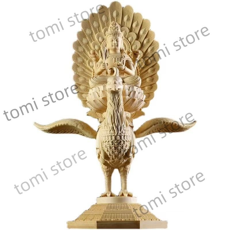 孔雀明王 仏像 木彫仏像守り本尊 除災 孔雀仏母 孔雀王母菩薩 置物 菩薩 高級木彫り 祈る 厄除け 尾羽光背孔雀台 高さ39CM