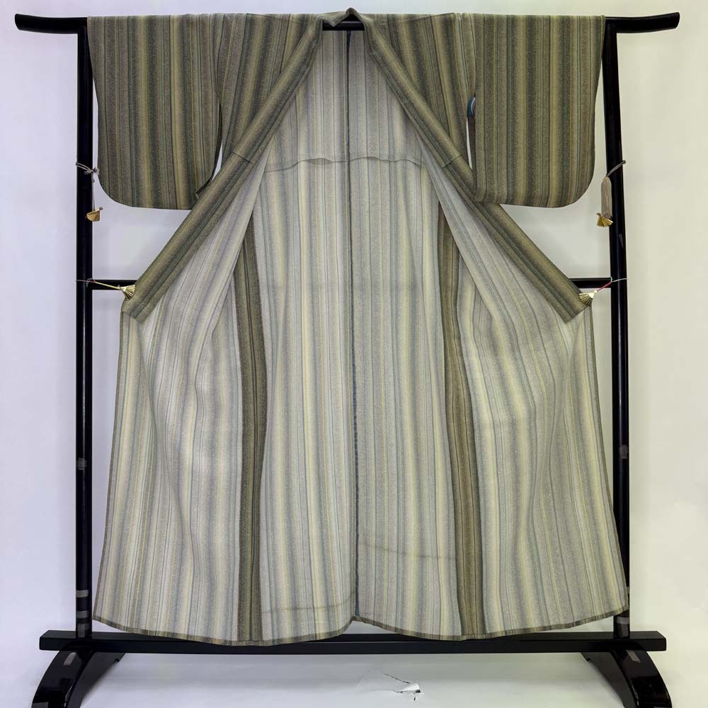 小紋 単衣 洗える着物 裄65cm 身丈155cm 花柄 お洒落着 普段着 ポリエステル 緑 美品 M サイズ 4596_画像7